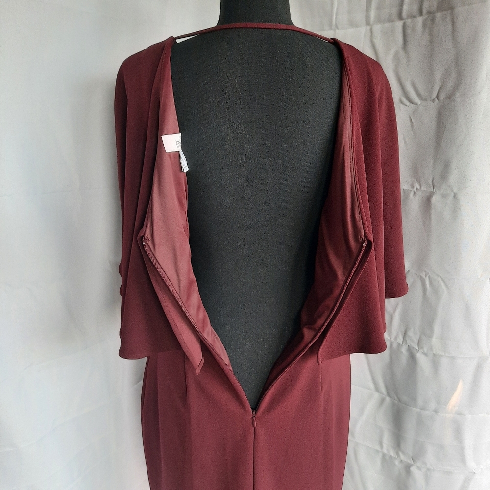 Belle Badgley Mischka Dress Size 4 Deep V Neck Burgundy Red Wine Cape Mini - Picture 9 of 16